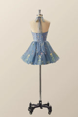 High Neck Blue Floral A-line Short Dress