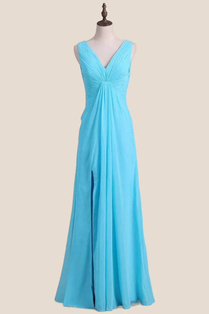 V Neck Blue Chiffon A-line Long Bridesmaid Dress – Chazdon