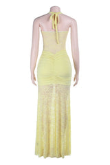Halter Yellow Lace Sheer Fitted Long Dress