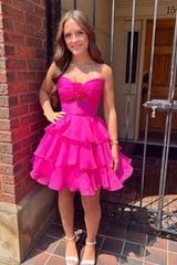 Strapless Green Pleated Tiered Short Dress with Rosette