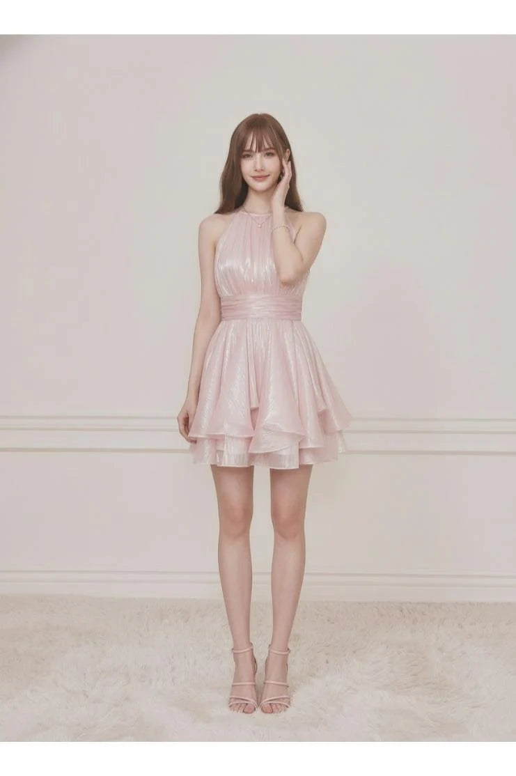 PRE-ORDER Only! (ETA May 15th)  Selena Shimmer Halter Neck Ruffle Mini Dress - Pink