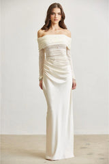 Amara Off Shoulder Pearl Tulle & Satin Maxi Dress - Ivory