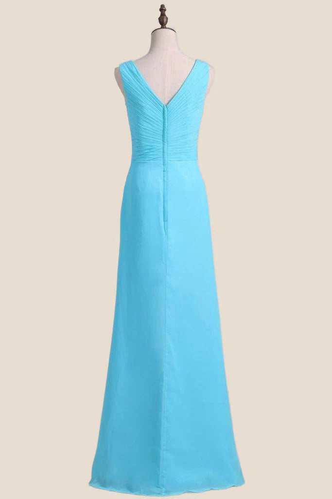 light blue bridesmaid dresses long V Neck Blue Chiffon A-line Long Bridesmaid Dress – Chazdon