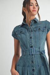 Dana Button Up Belted Denim Midi Dress